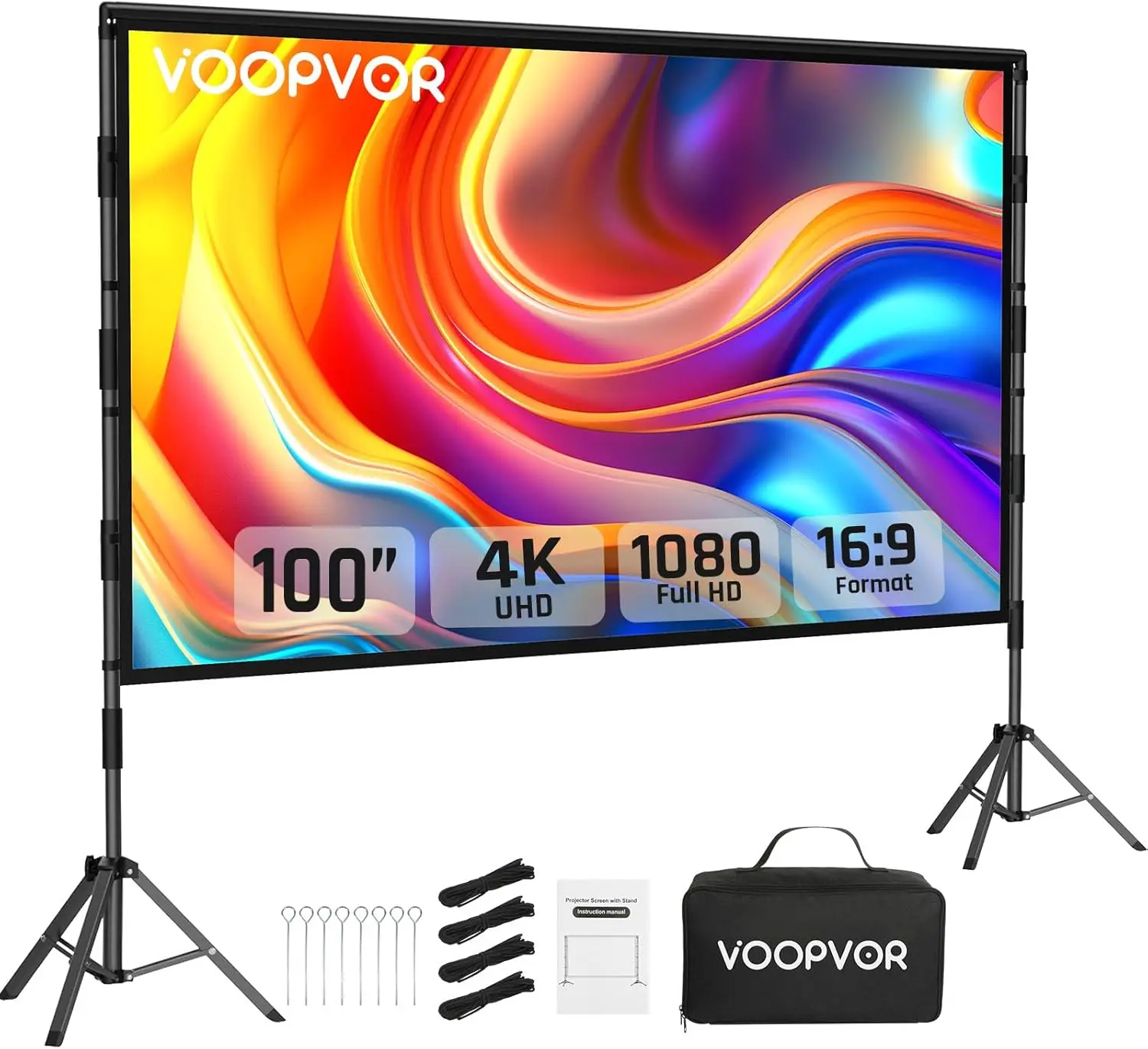 

100-дюймовый портативный экран для проектора с подставкой – без складок, 4K HD, легкий, для просмотра фильмов на заднем дворе