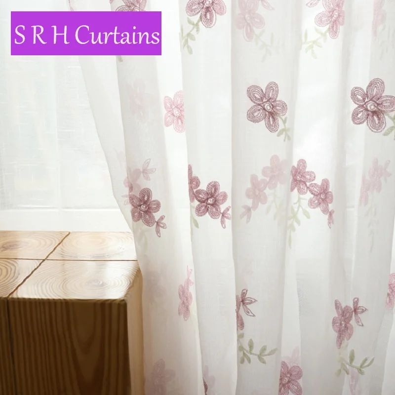 

American Pastoral Pink Embroidered Voile Modern Window Living Room Bedroom Blue Tulle Curtains Fabrics Sheer Rideaux Cortinas Y