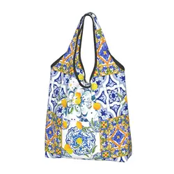 Fashion Print Summer Fruit Lemons Mediterranean Tiles Tote Shopping Bags Portable Shopper Shoulder Handbag