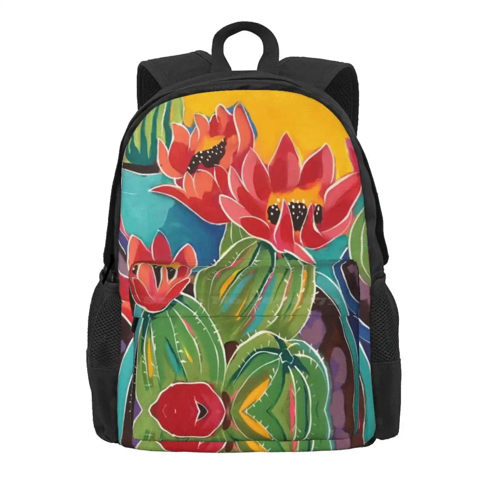 Potted Blooms Hot Sale Schoolbag Backpack Fashion Bags Blossoms Blooms Prickly Pear Barrel Cactus Pottery Colorful Kristin