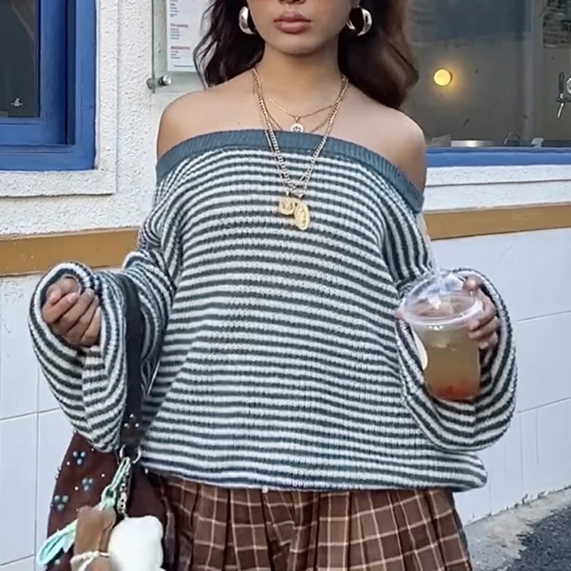 CIBBAR Streetwear sweter w paski z nadrukiem y2k Off-shoulder głęboki dekolt damskie swetry swetry 2000s Vintage jesienno-zimowa dzianina