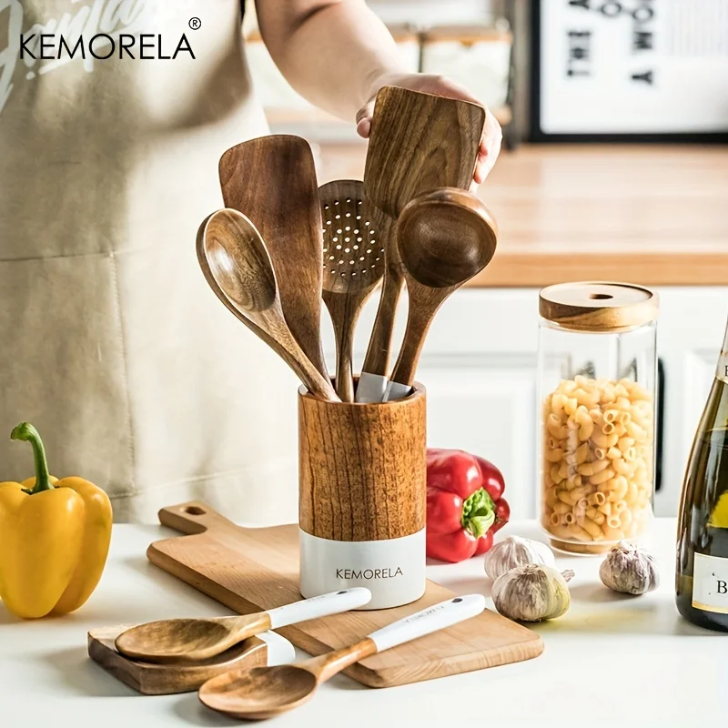 

KEMORELA 9PCS Acacia Wooden Cooking Utensils Wooden Spoons for Kitchen with Utensils Holder and Rest Spatula Slotted Spoon