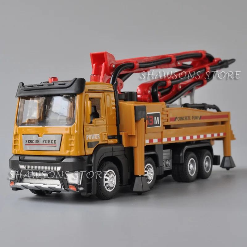 1:50 Diecast Metal Engineering Vehicle Model Toy Concrete Pump Truck Miniature Replica Pull Back Sound Lights