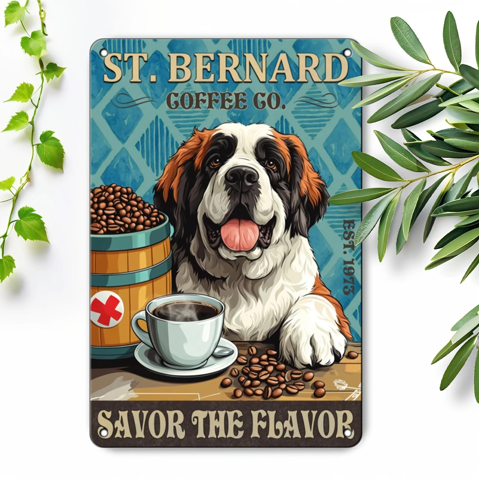 （2D Tin painting）1pc St. Bernard Dog Coffee Vintage Metal Sign Dog Coffee Shop Bar Cafe Wall Decor for Bars Restaurants Cafes