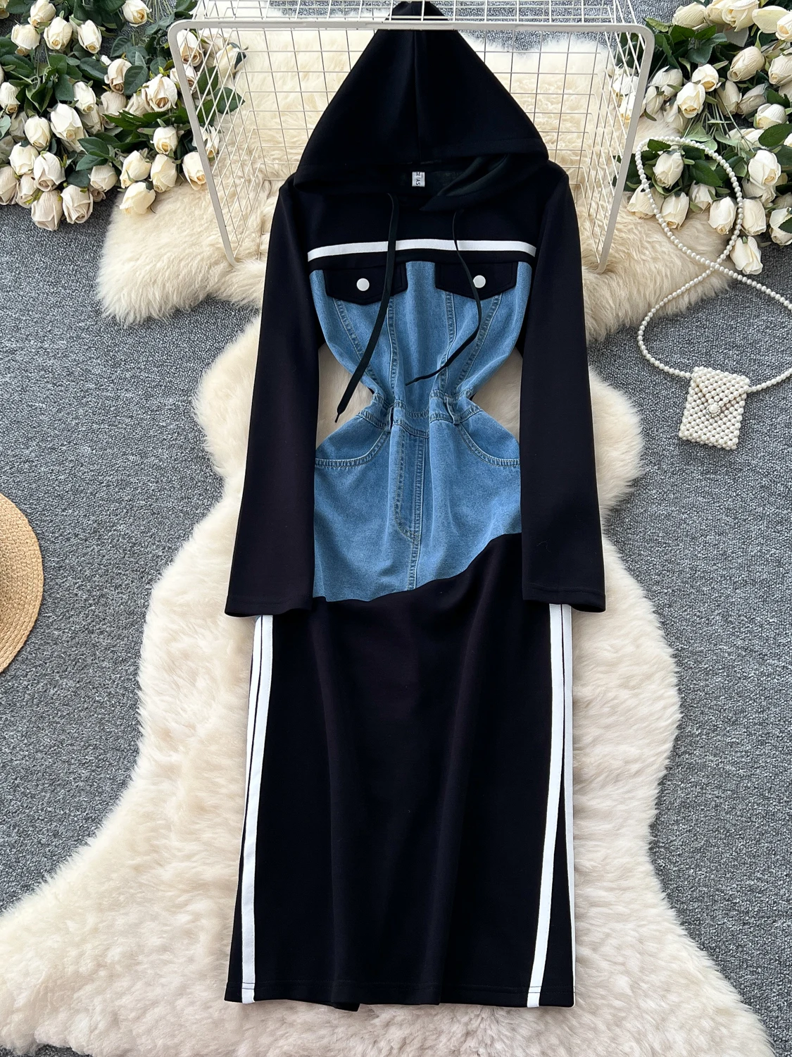 Fashionable Casual Hong Kong Style Women's Dress Denim Patchwork Hat Waist Cinching Slimming Midi Skirt High Waist A-Line