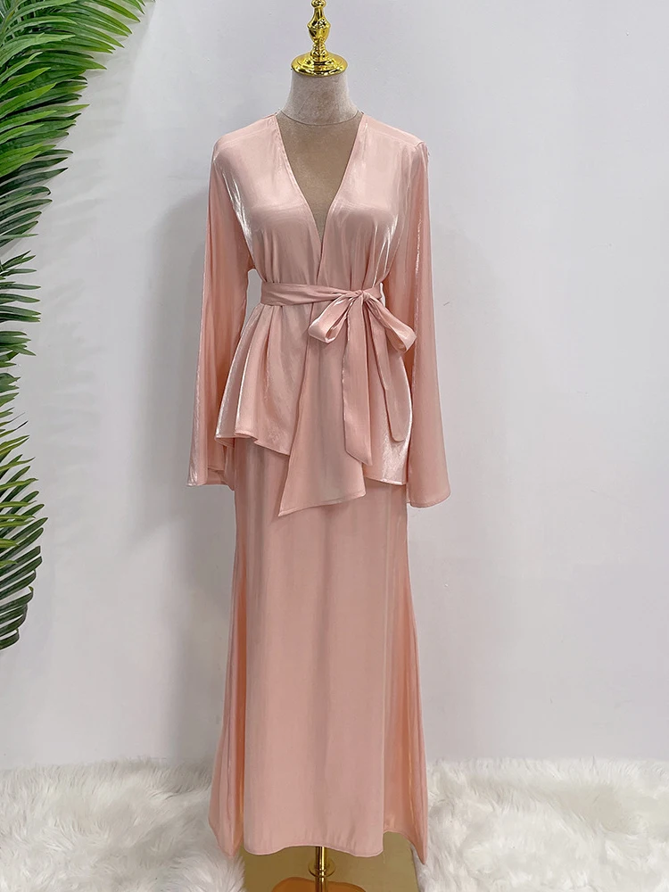 Conjunto de vestido de fiesta de noche elegante de satén de Dubái, Kimono abierto, Blusa de manga larga con fajas y falda, trajes marroquíes