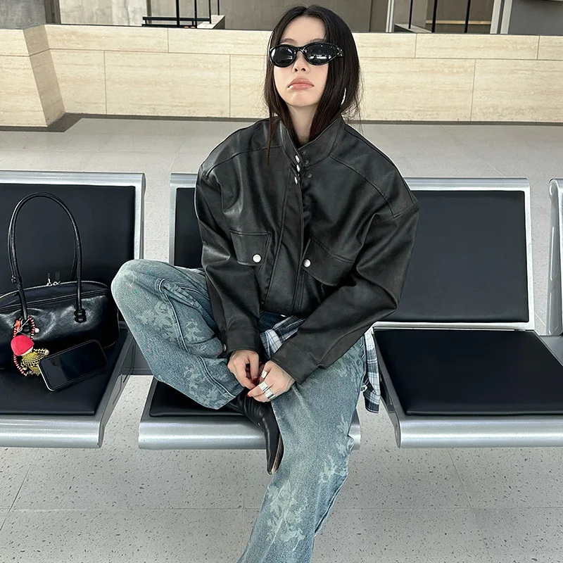 

YYAHAHAS Fashionable Street Washed Stand Up Collar Loose Leather Jacket Retro Maillard Short Coat Female Clothing