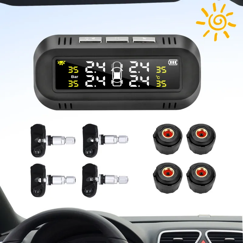 Car Tire Pressure Alarm Monitor System Solar wireless Sensor TPMS Monitoring 4 Wheel External/ Internal Tyre Pressure Sensors