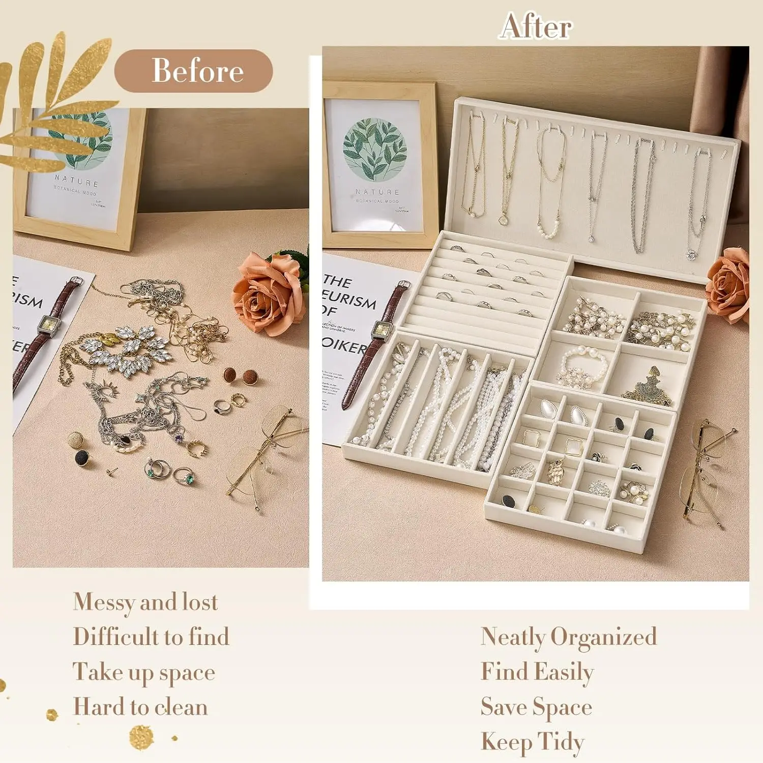 10-Piece Stackable Jewelry Organizer Trays, 14' Velvet Drawer Insert with Removable Divider for Necklaces, Earrings, Rings, Watc