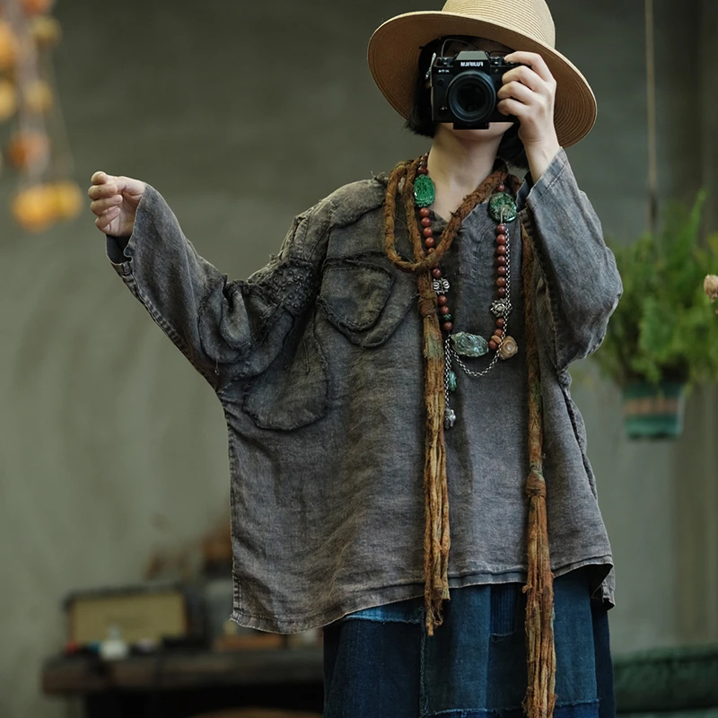 

100% Linen Women Casual T-shirts New Arrival 2025 Autumn Vintage Style V-neck Solid Color Loose Female Oversized Tops Tees M