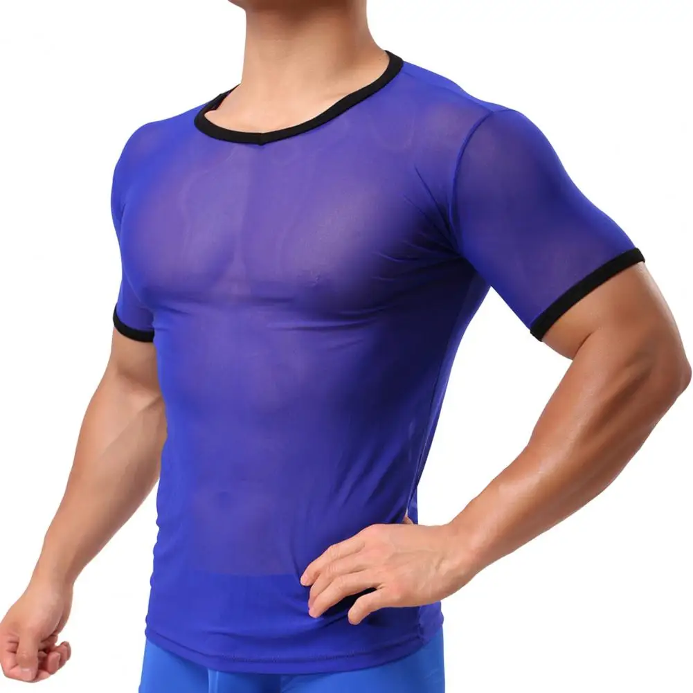 Plus Size Men T-shirt O-neck Short Sleeve thin Solid Color t shirt See-through Hollow Out Mesh Sport tshirt Streetwear