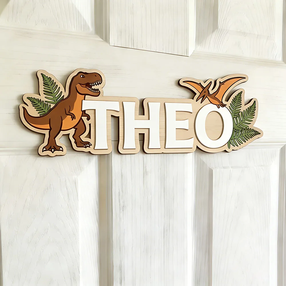 Personalized Dinosaur Name Sign for The Dearest Baby, Wooden Nursery Decor with T-Rex & Pterodactyl, Cute Kids Door Plaque, Baby view 5
