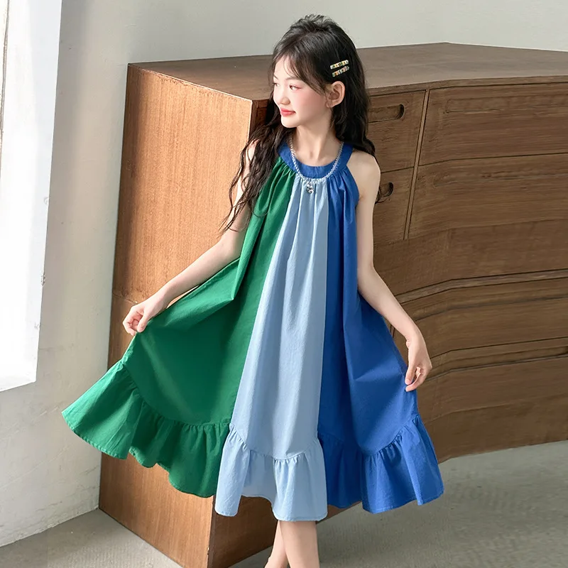 Girls Dress Summer Dress 2025 New Little Girl Fashionable Contrasting Color Splicing Sleeveless Vest Skirt Princess Skirt