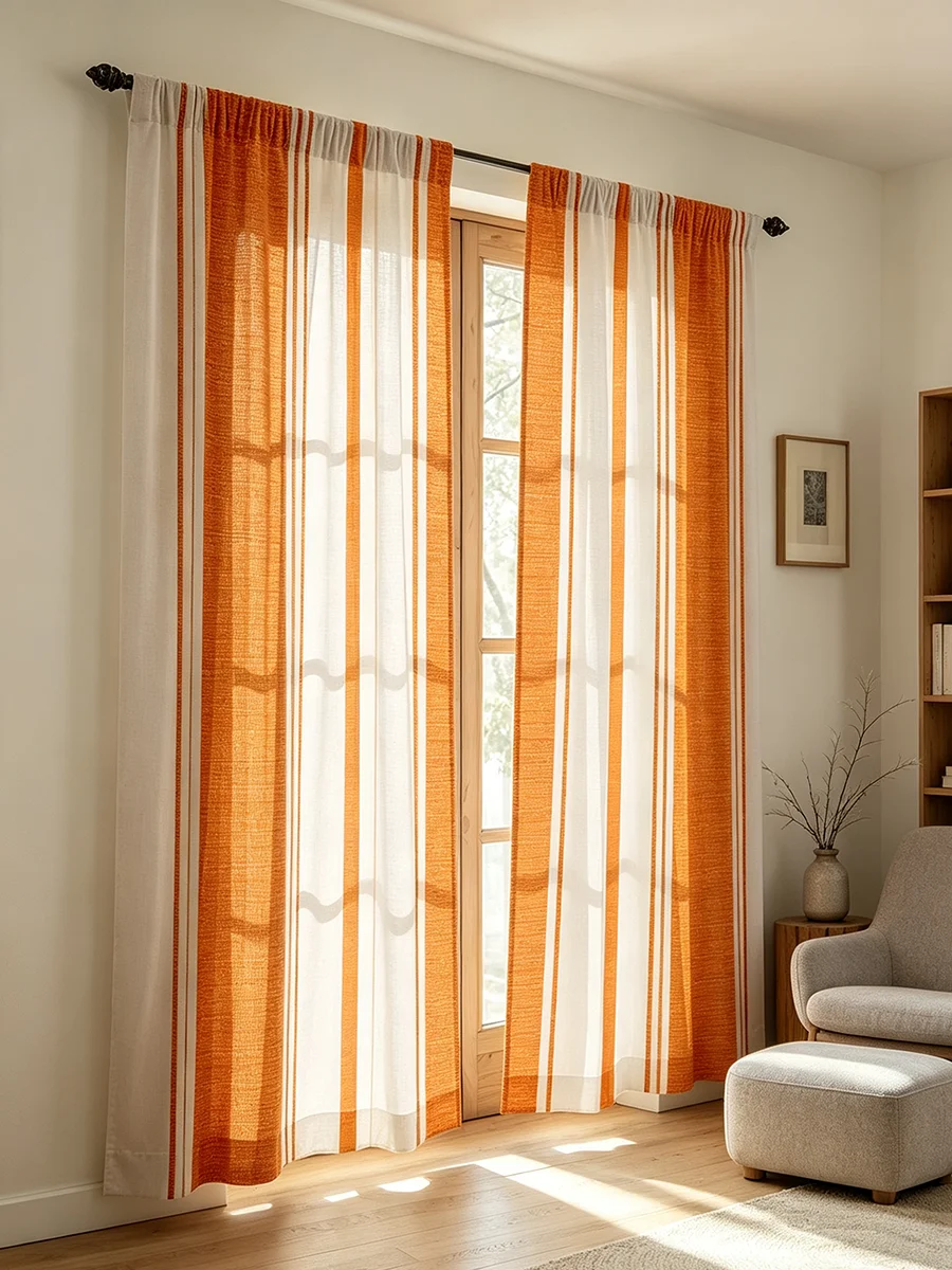 2PCS Digital Print Sheer Curtain,Orange White Vertical Stripe Pattern,Minimalist Style For Bedroom Living Room Decor