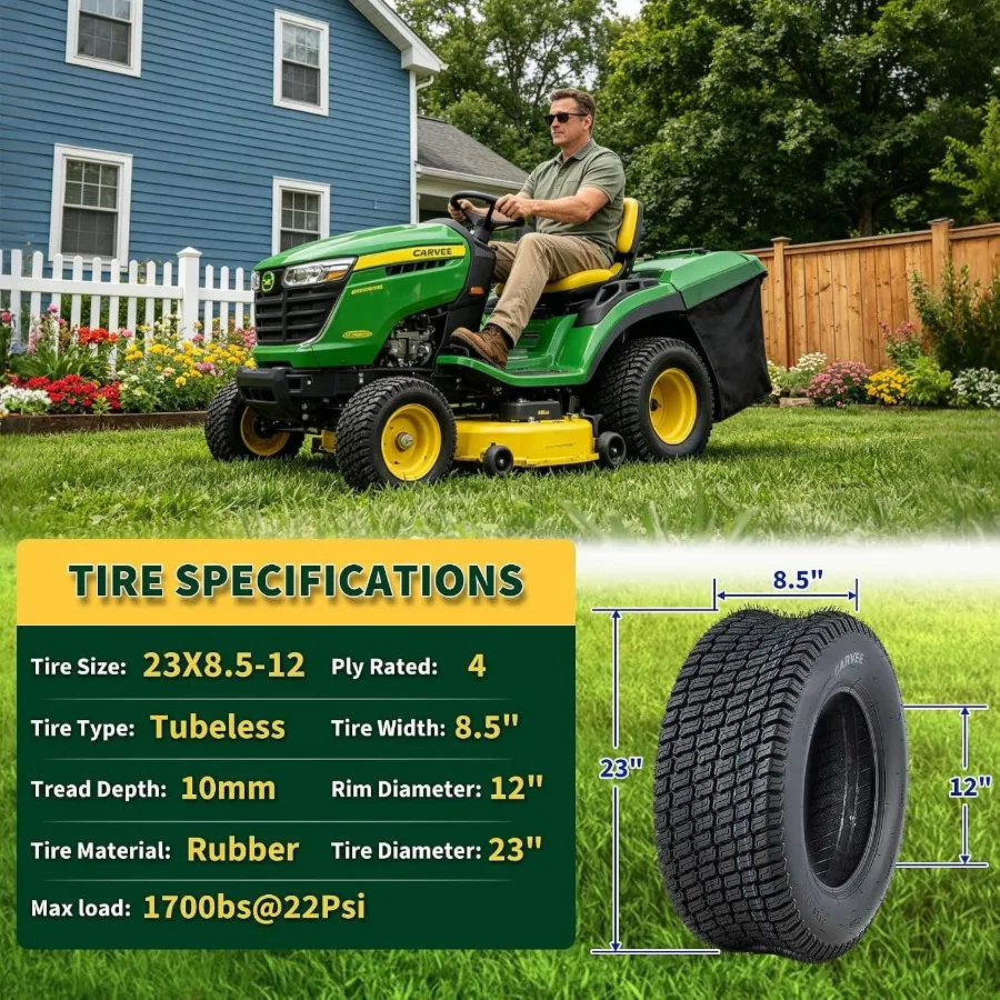 23x8.50-12 Lawn Mower Tires Set of 2, 4PR Tubeless Turf Tires for 12 Inch Rims, 1700 LBS Capacity Replacement Tires for Garden