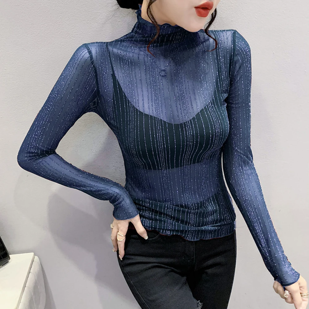 

Women's Transparent Mesh Shiny T-Shirt Sexy Club Party Thin Female Blouse Black White Blue Apricot Color Long Sleeve Party Tops