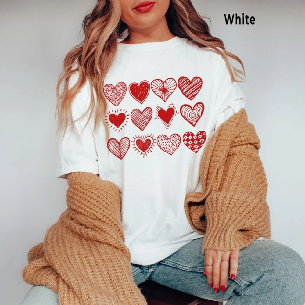 Womens Valentine Day Shirt Hand Drawn Hearts Printed T-Shirt Valentines Fashion Casual Daily Life Shirts Festival Costumes