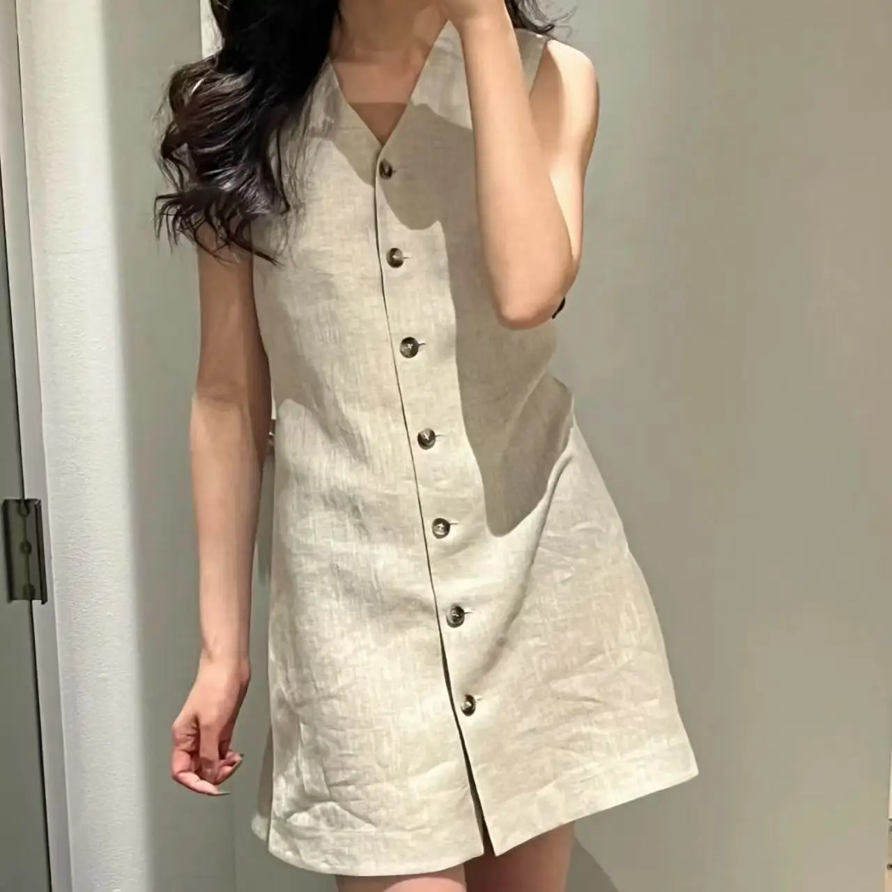 

Women Summer V-neck Tank Dress Solid Color Sleeveless Female Single-breasted Short Robe