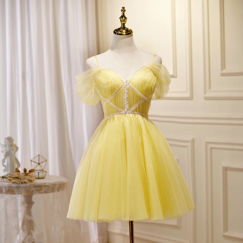 

Yellow Birthday Party Dress Adult Ceremony Senior Short Wedding Sweet Host Small