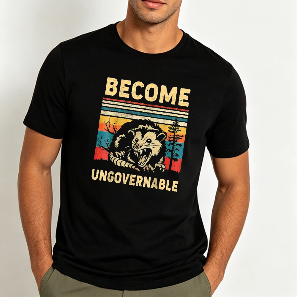 Vintage Retro Graphic T Shirt Become Ungovernable Screaming Opossum Meme Tee Unisex O Neck Short Sleeve Clothes