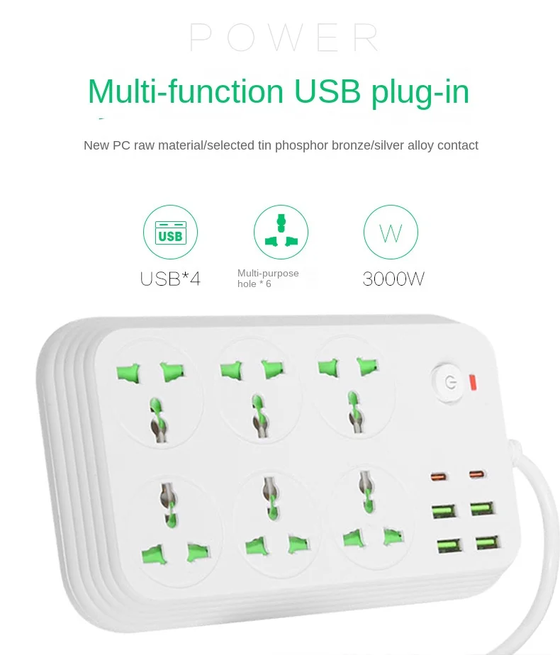 13A Universal Power Strip Sockets Outlets with Extension Cable USB 2500w KR EU US UK AU Plug Electric Overload Protection Socket