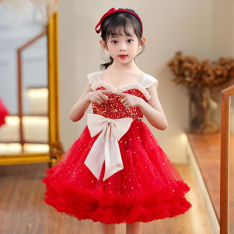 

New Arrival Girls Formal Sleeveless Vest Short Princess Dress Mesh Puffy Bow Sweet Sequin Performance Dress