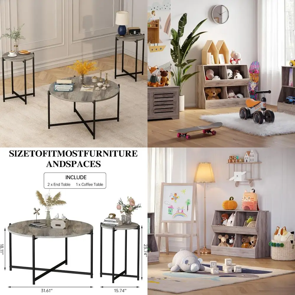 Faux Marble Coffee Table Set - 3 Piece, Including 1 Coffee Table and 2 Sofa Tables, Round Top and Metal Frame, Ideal for Living