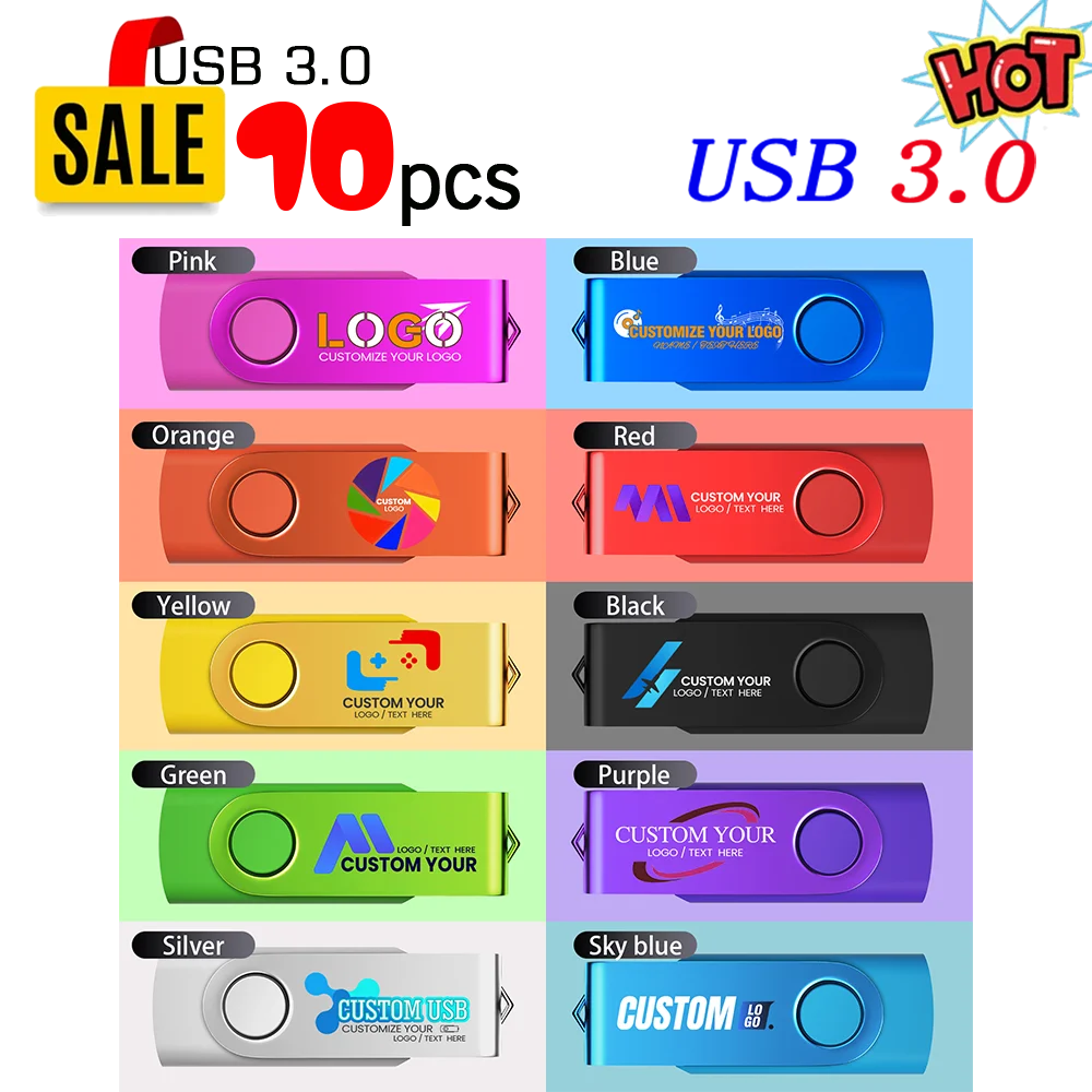 10PCS/LOT Free Custom LOGO USB Flash Drive 3.0 High Speed Pen Drive 16GB 32GB 64GB 128GB Pendrive Metal Usb Sticks with Key