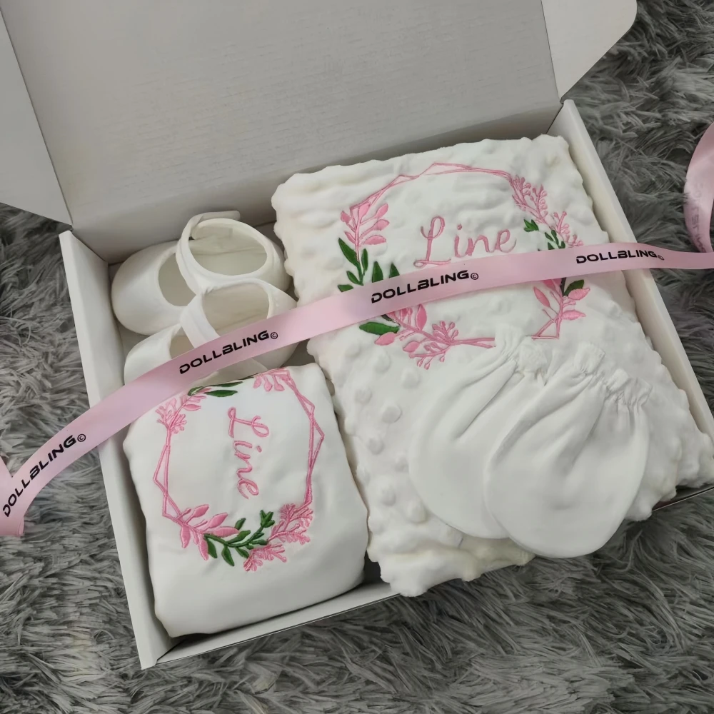 Dollbling Hospital Exit 3pcs Embroidery Name Newborn Angle Wings Romper Blanket  Nursery Bedding Swaddle Handmade Infant Outfit