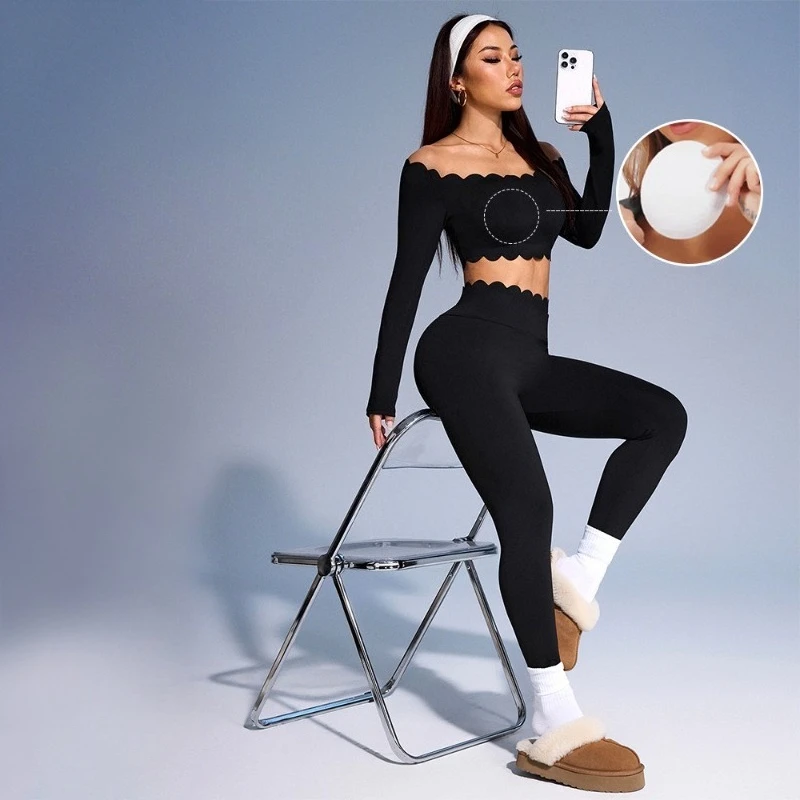 

Yoga wear set for women, long-sleeved, tight-fitting, training, running, fitness, hip lifting with chest pad