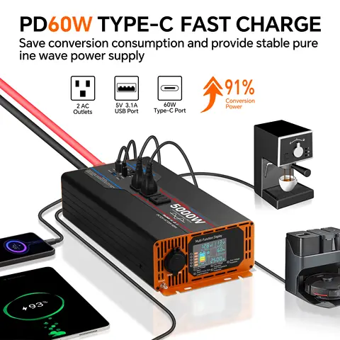 WEIPOER 5000W Car Pure Sine Wave Inverter DC 12V/24V to AC 120V for Car RV – Power Converter with USB, AC Outlets, LCD, Remote