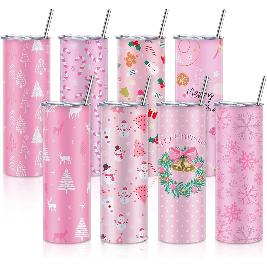 

8 PCS Christmas Tumbler with Lid Straw and Brush Stainless Steel Double Insulated Coffee Cup for Holiday Birthday Wedding Party