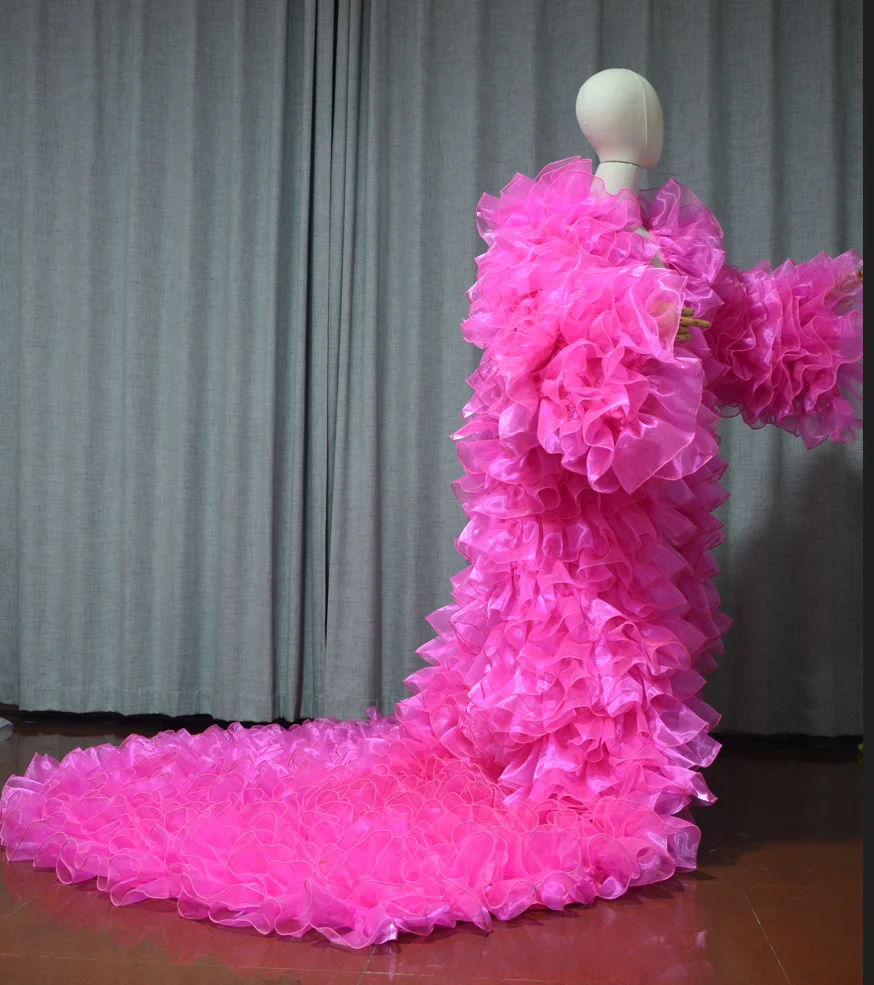 무대 공연, 코트, 드래그 퀸 의상 오간자 소재의 푸른 긴팔 재킷과 푹신한 레이어드 망토, 맞춤 색상 가능