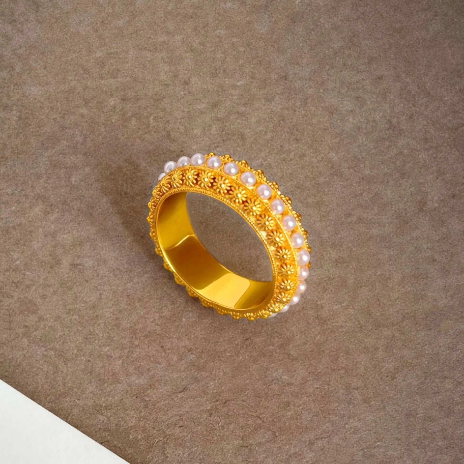 Luxury 9999 24K Solid gold certifid ancient method carved inlaid pearl row ring women's retro palace style closed ring