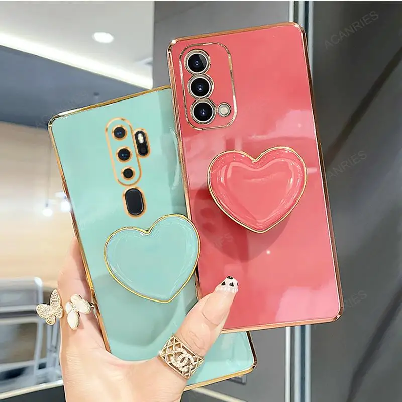 Love Heart Phone Holder Case For Oppo A9 A5 2020 A54 A74 4g 5G A53 A16 A52 A92 A93 A57 A94 A17 A58 A15 A72 Stand Silicone Cover