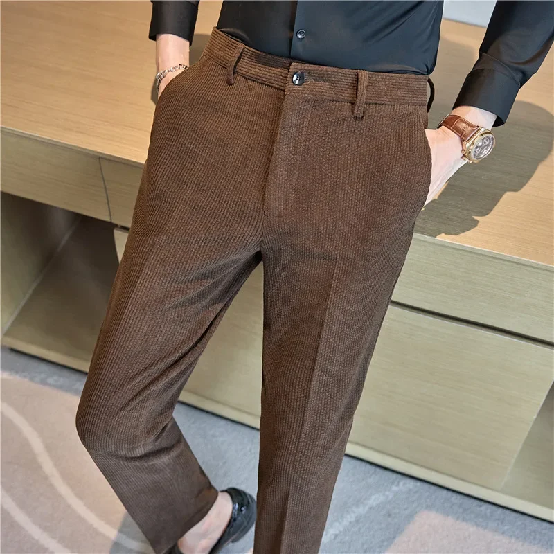 

Winter Warm Thick Corduroy Men Suit Pants Solid Casual Velvet Trousers Elastic Slim Fit Formal Dress Pants men clothing JJ111