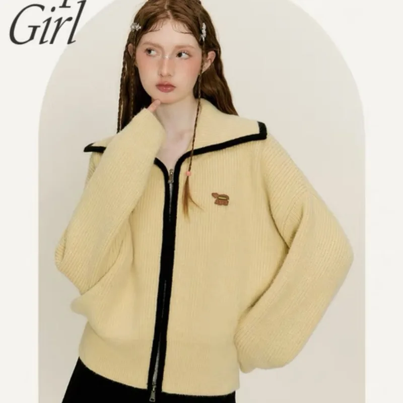 الخريف والشتاء طويلة الأكمام المتناقضة اللون التلبيب سستة سترة محبوكة سترة المرأة معطف أعلى #4