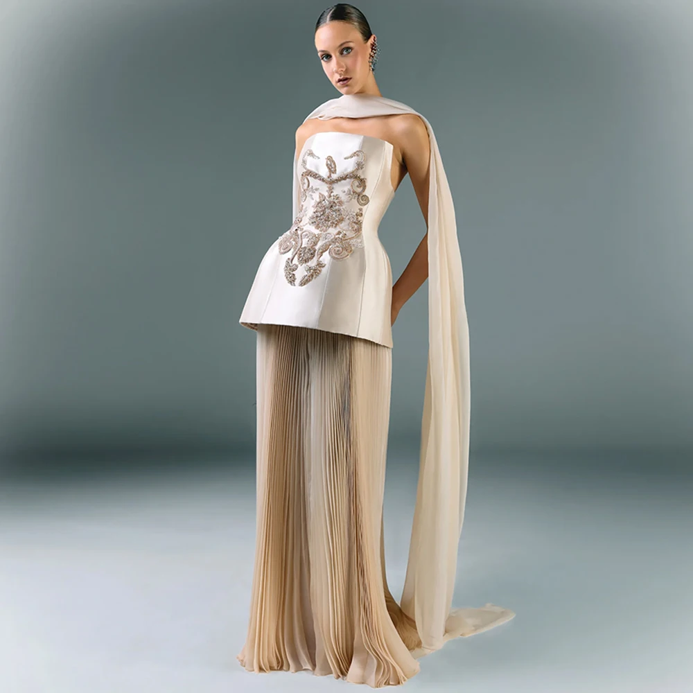 

Satin and Chiffon Customized Evening Dress Exquisite Strapless Sleeveless Ribbon Celebrity Gowns Zipper Back Party Dresses