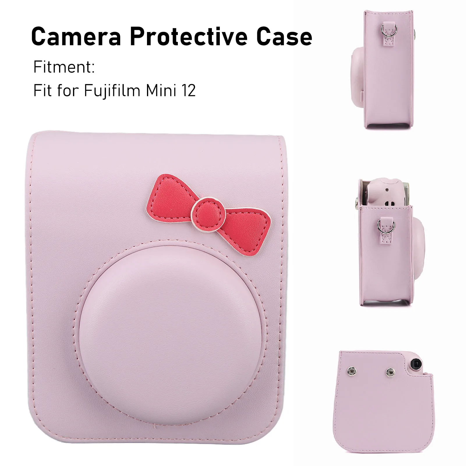 Camera Protective Case Portable Bow Tie Storage Cover Carrying Bag with Adjustable Shoulder Strap for Fujifilm Mini 12 Pink