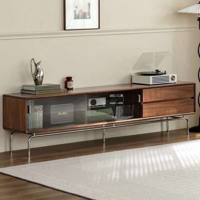 

Solid wood TV cabinet Modern simple tall storage locker Household black walnut wall floor cabinet
