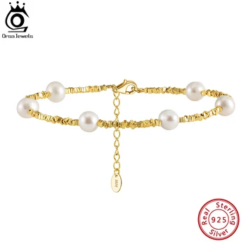 ORSA 주얼리 14K 골드 너깃 링크 체인 팔찌, 천연 진주, 패션 S925 실버 팔찌, 여성용 생일 쥬얼리, GPB28