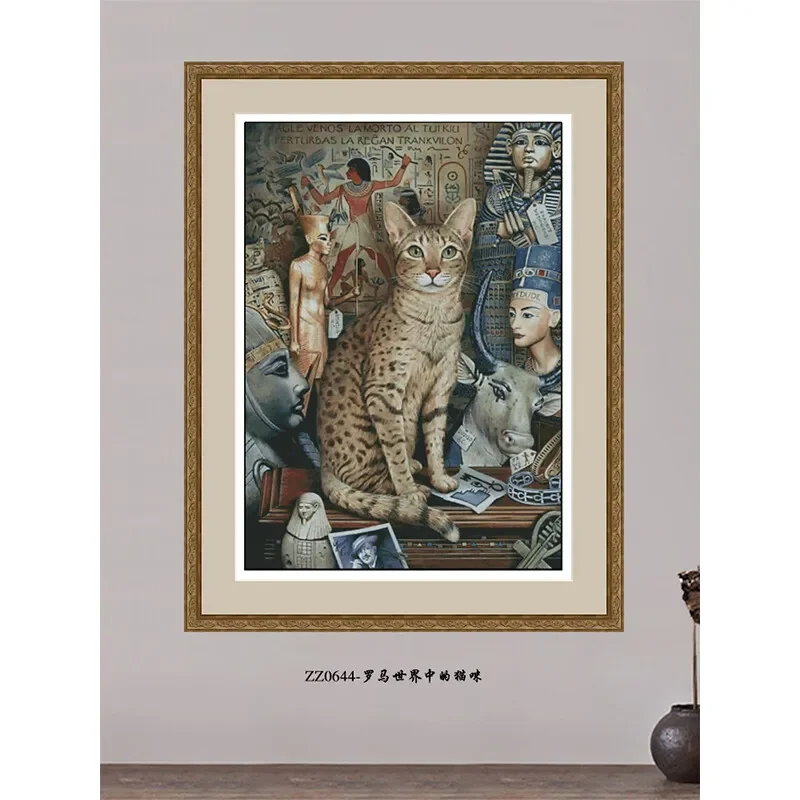 [ZZ0644-Ancient Egyptian Pharaoh s Cat] Stamped Cross Stitch Kit 14CT 16CT Printed Canvas Cotton Floss DIY Embroidery Wall Decor
