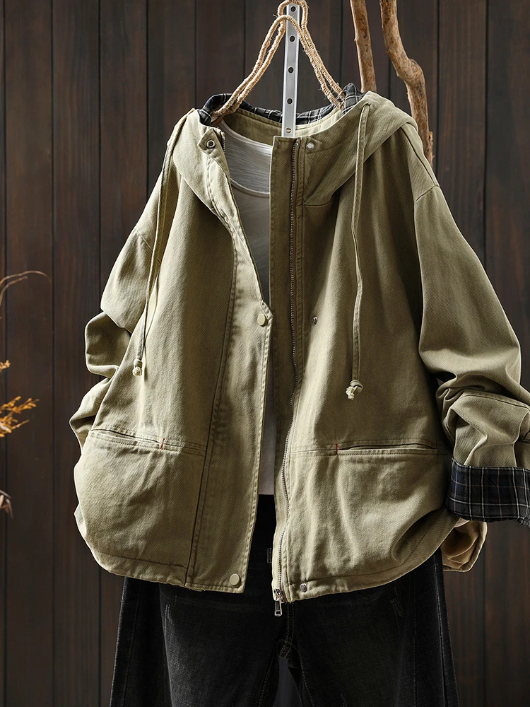 

High Quality Women Long Sleeve Casual Coats New Arrival 2025 Autumn Simple Style Solid Color Loose Female Hooded Jackets T725