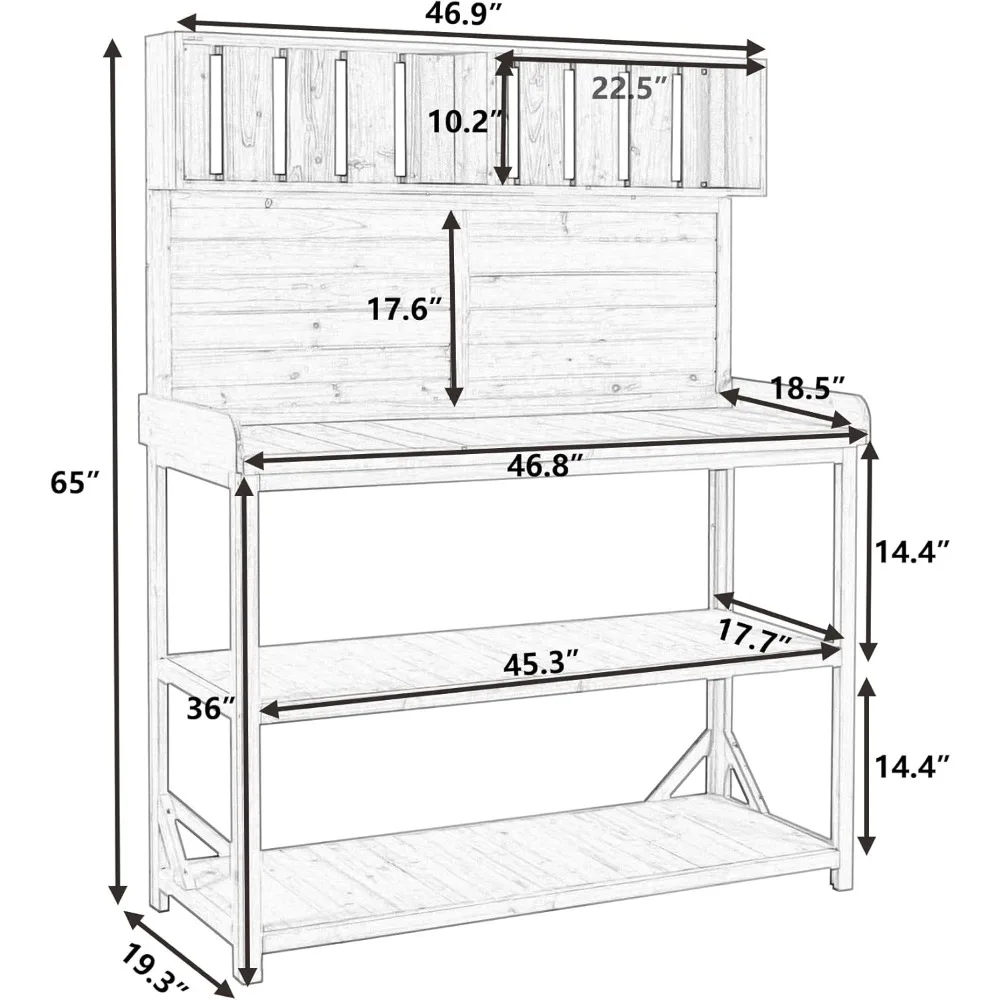 Potting Bench Table with Storage Shelves, Garden Work Bench with Side Hook, Fir Wood Workstation, 46.9