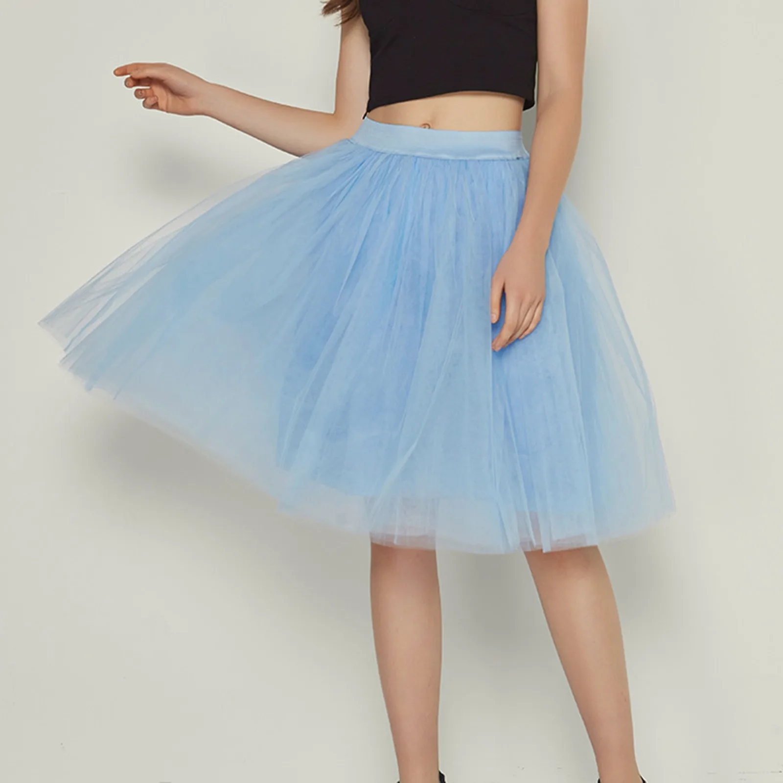 

Solid Color Knee Mid Length Layered Midi Skirts New Mesh Puffy Tutu Skirts For Women Elastic Waisted Female Half Bodies Skirt