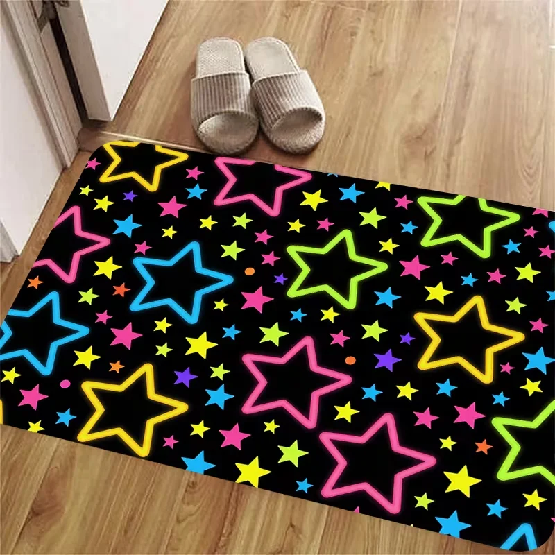Neon Multicolor Star Entryway Doormat Black Background Glowing Neon Star Pattern Non Slip Floor Rug For Bedroom Dorm Decor