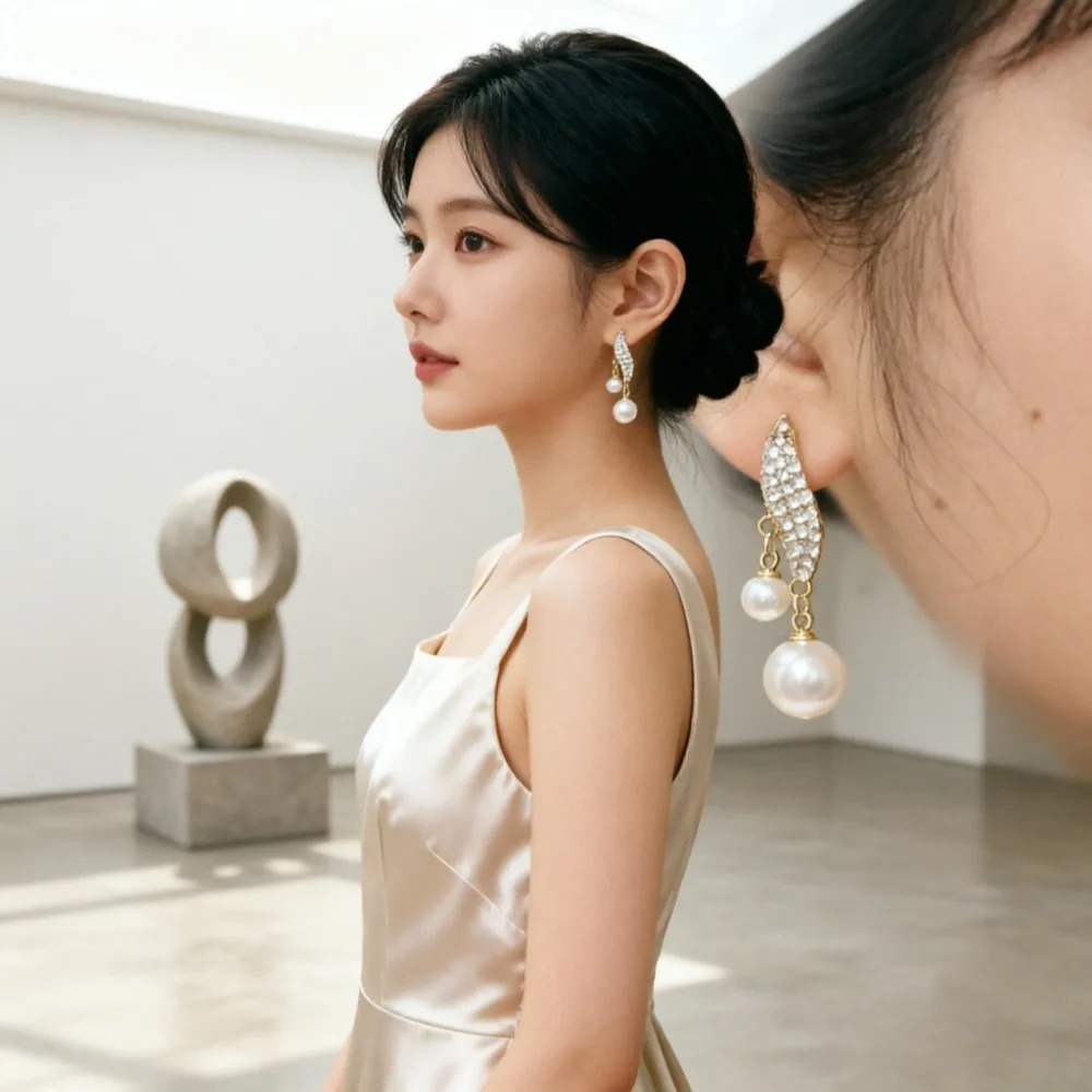 New Classic Elegant Imitation Double Pearl Dangle Earrings Women's Crystal Long Tassel Drop Earring Wedding Jewelry Gifts