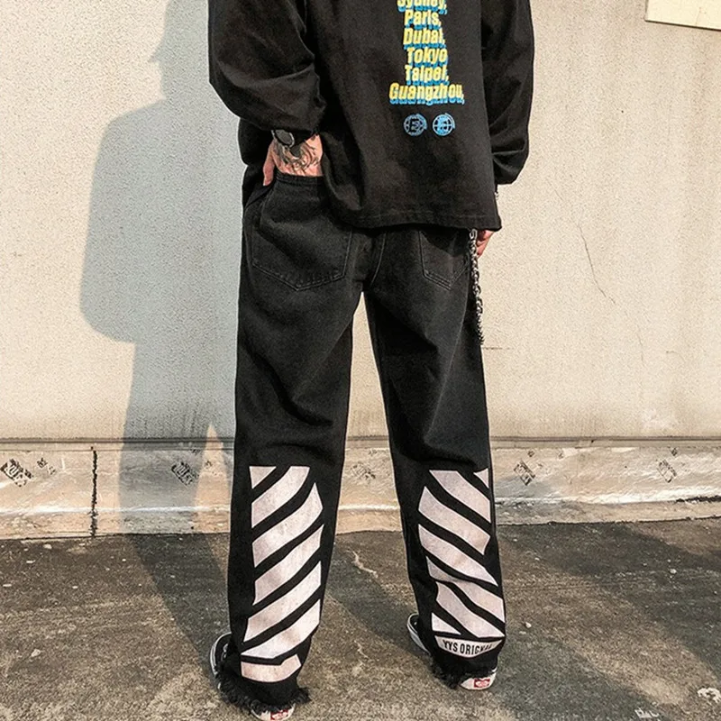 

2022 New Arrivals Reflective Strip Hole Ripped Men Baggy Jeans Trousers Hip Hop Straight Punk Black Denim Pants Pantaloni Uomo