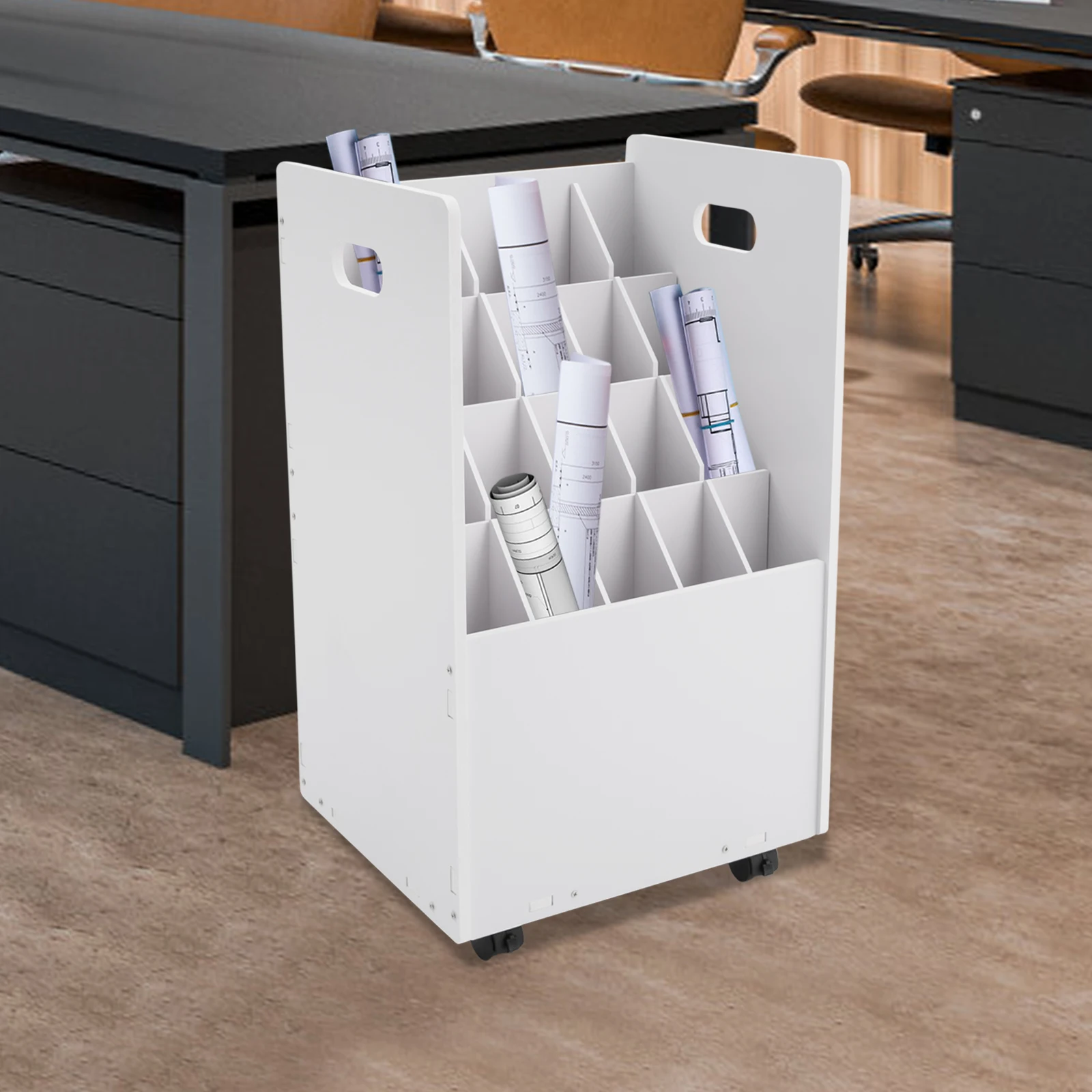 20スロットロールファイルオーガナイザー、可動ファイルストレージカート、ロールドキュメントホルダー