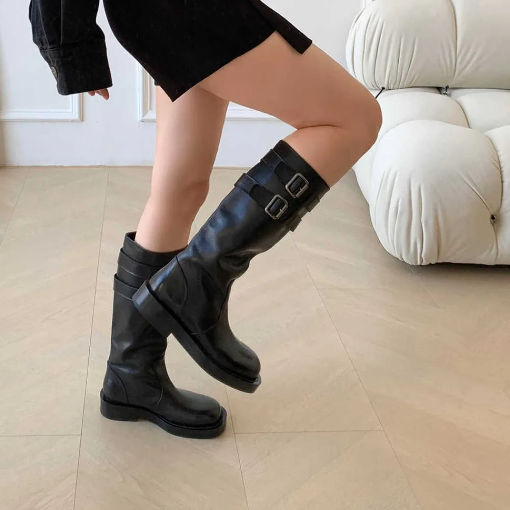 

NIGO Women Temperament Double Belt Buckle Knight Boots Autumn And Winter New Leather Fashion Simple Casual Boots #NGSH1373